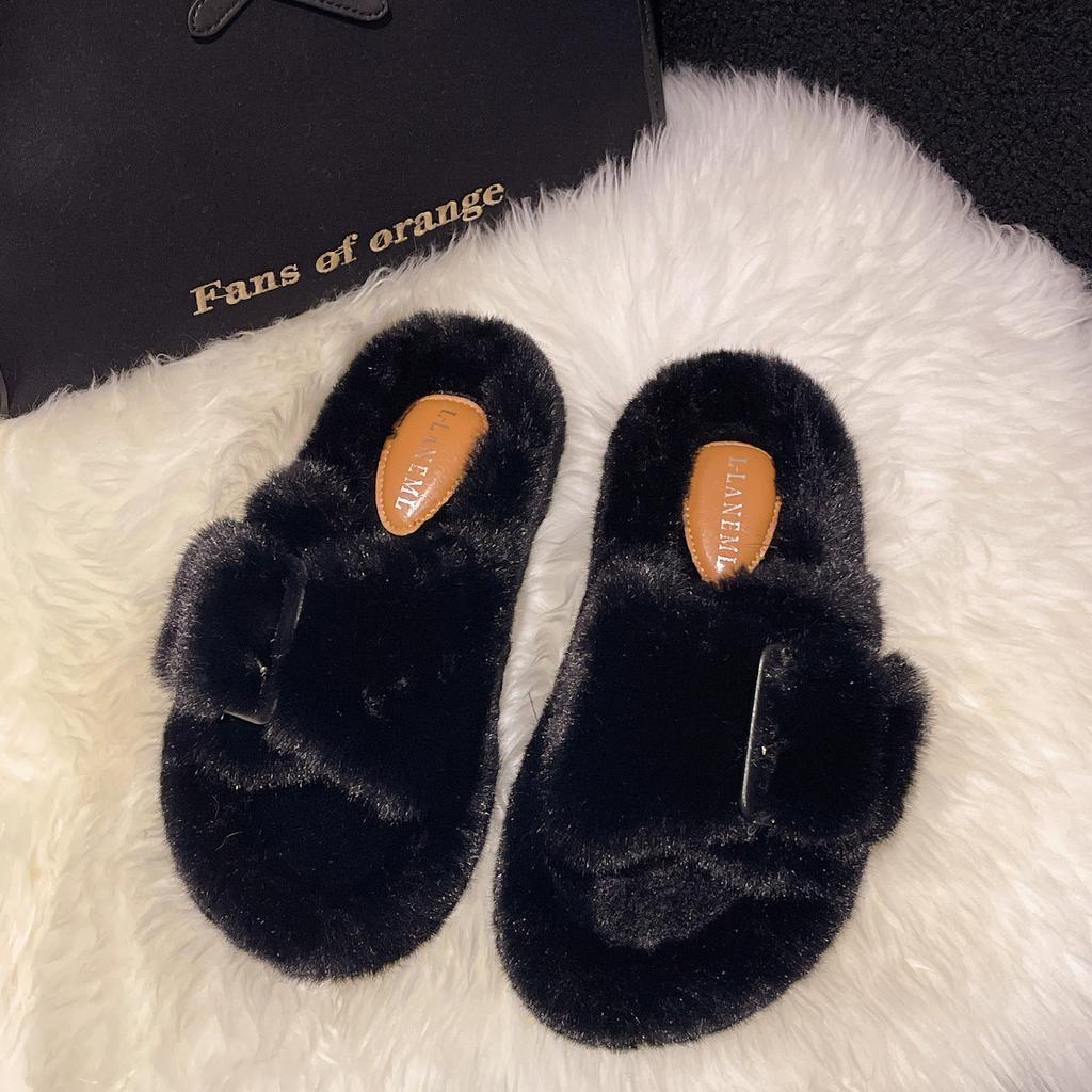 2024 New Casual Buckle One Word Fluffy Slippers Solid Color Home Fashion Outside Wear Cotton Drag