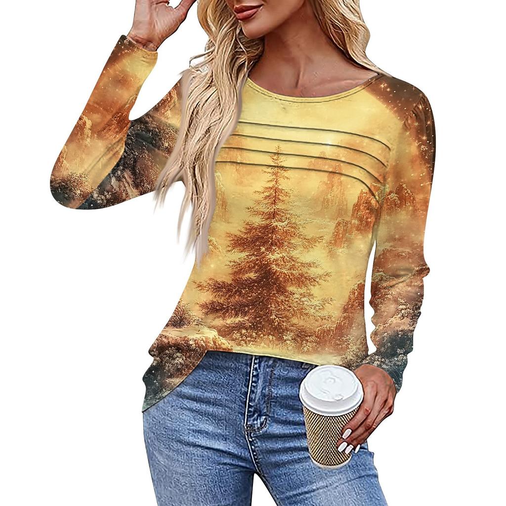 Женская повседневная модная футболка с круглым вырезом и длинными складками на Рождество