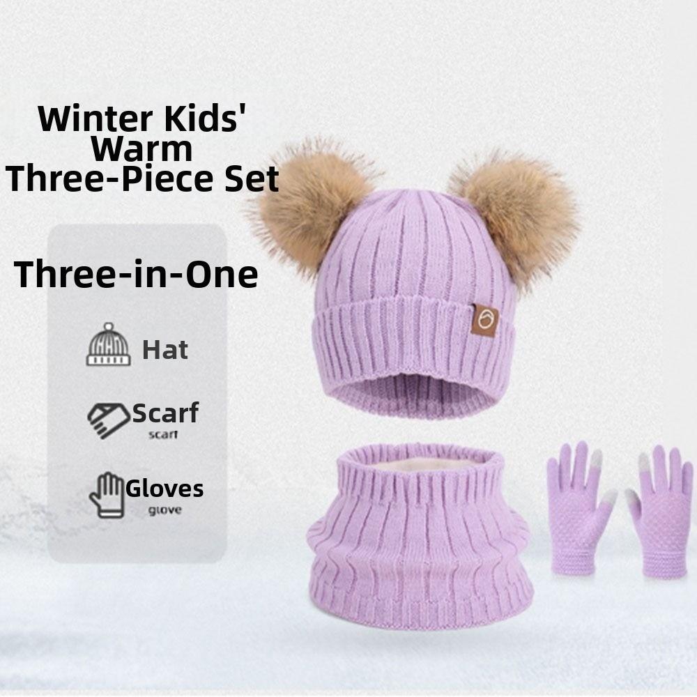 3Pcs/ Set Fleece Lined Kids Hat Scarf Gloves Set Pompom Knitted Hats  Winter Season