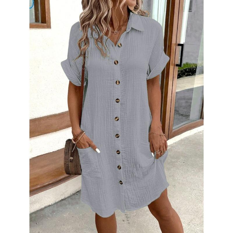 Fashion Short Sleeve Women Summer Shirt Dress New Elegant Lapel Loose Plus Size Simple Button Casual Party Dresses Single Breasted Women's Clothing