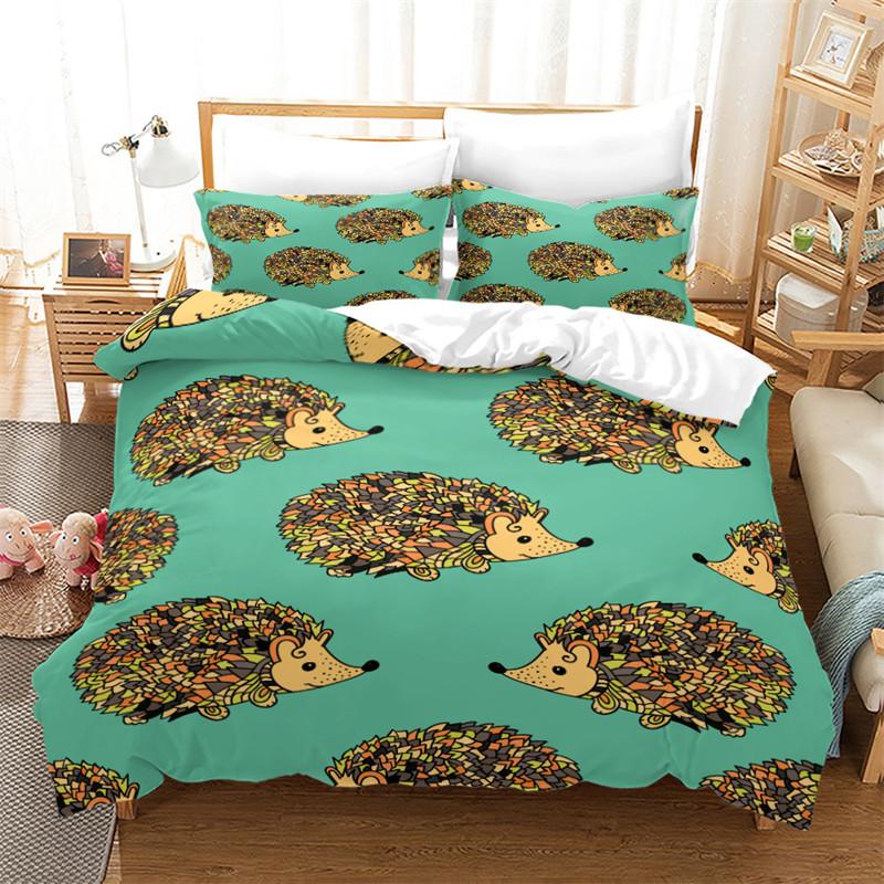 Hedgehog Bedding Set Cute Kawaii Wildlife Comforter Cover With Pillowcases For Kids Boys Girl Polyester Bedding Set King Size