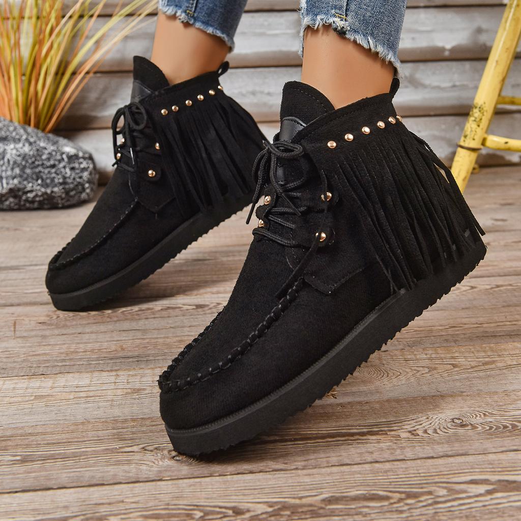 Vintage Women Ankle Boots Retro Outdoor Casual Shoes Fringe Winter Comfortable Luxury Women Shoes Round Toe Snow Boots Ladies
