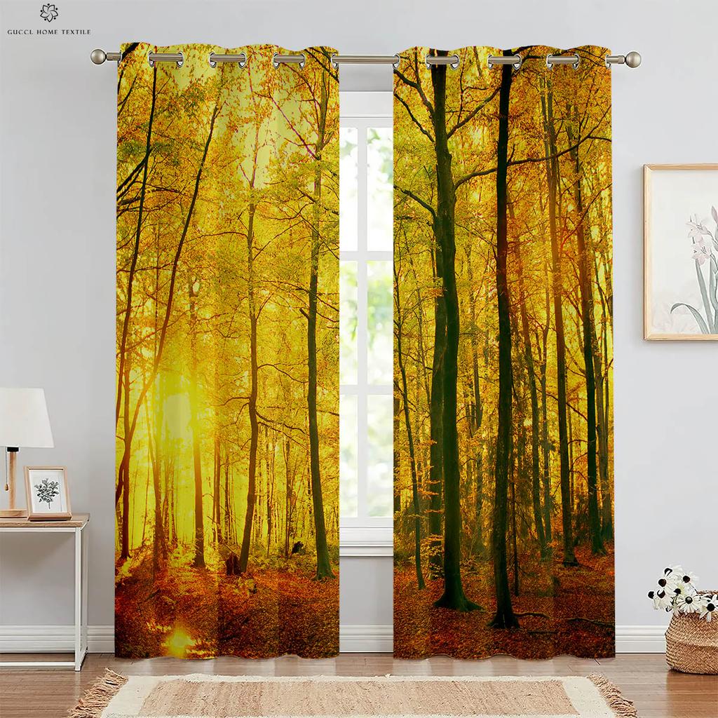 Шторы Misty Forest Green Autumn Woods с 3D-печатью, подходят для спальни, гостиной, кабинета, кухни, 2 шт.