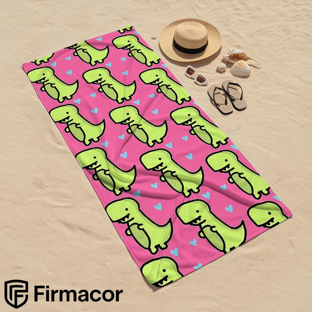 Pink Cute Dinosaur Heart Soft Portable Travel Towel Unisex Ultra Lightweight Microfiber Oversized Sand Quick Dry Beach Towel