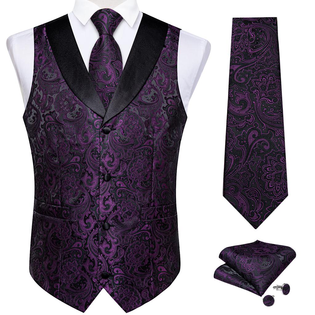 Mens Silk Slim Waistcoat Dark Purple Paisley Wedding Suit Vest Tie Cufflinks Set