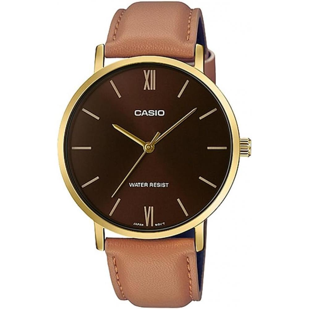 Casio Мужские кварцевые часы Золотые Коричневый кожаный ремешок Mtp Vt01gl 5b