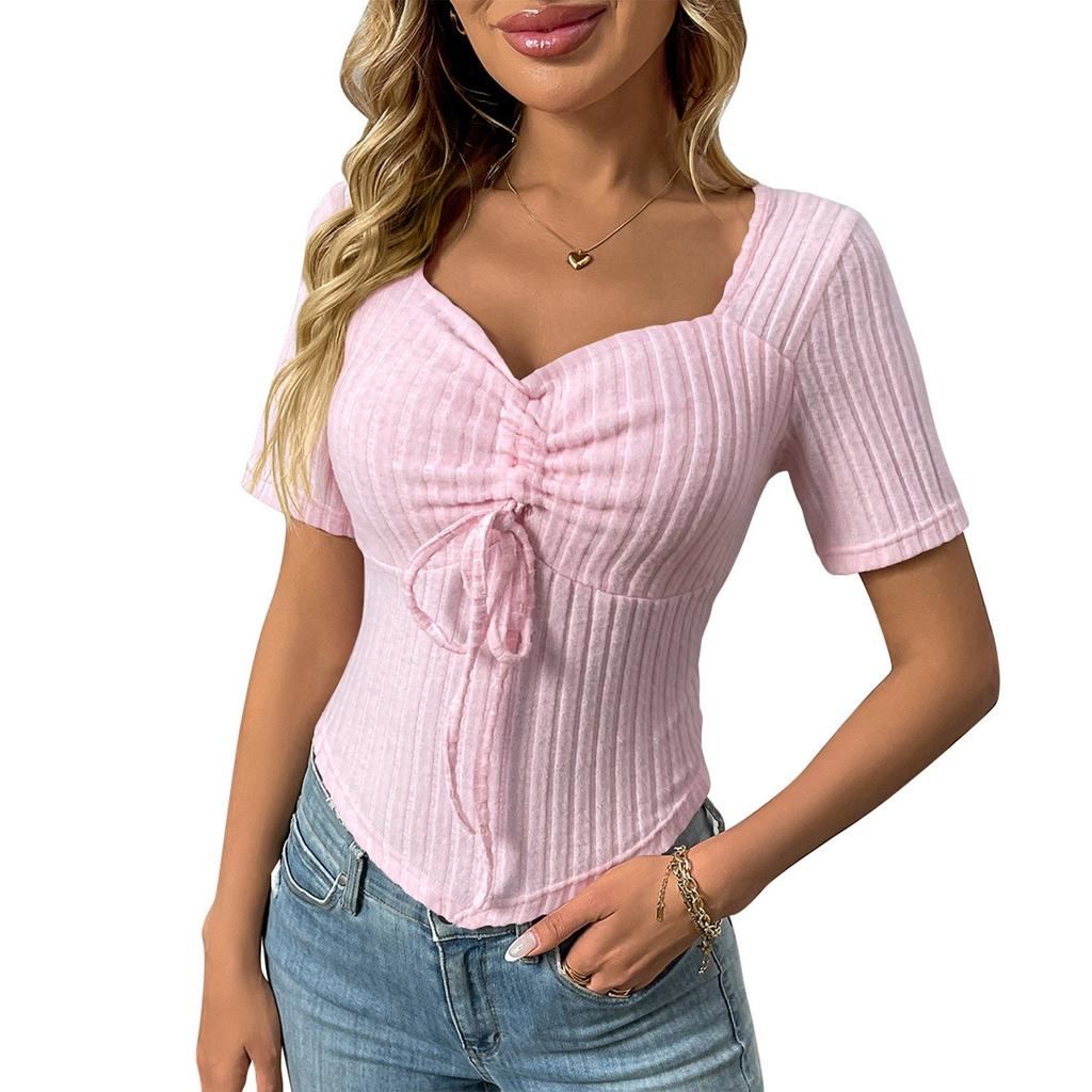 Женская мода однотонный V-образный вырез плиссированный шнурок сексуальный короткий рукав топ