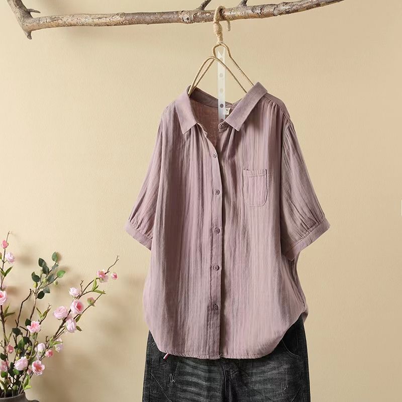 Летняя дышащая удобная рубашка с лацканами, свободная повседневная тонкая художественная рубашка с короткими рукавами