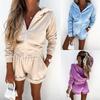 Women Solid Color Long Sleeve V-Neck Hoodies Suit Autumn Winter Loose Top Wide Leg Short Pants