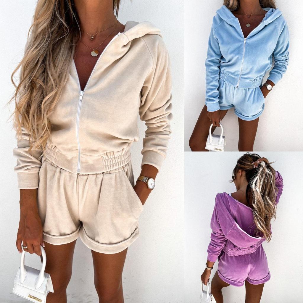 Women Solid Color Long Sleeve V-Neck Hoodies Suit Autumn Winter Loose Top Wide Leg Short Pants