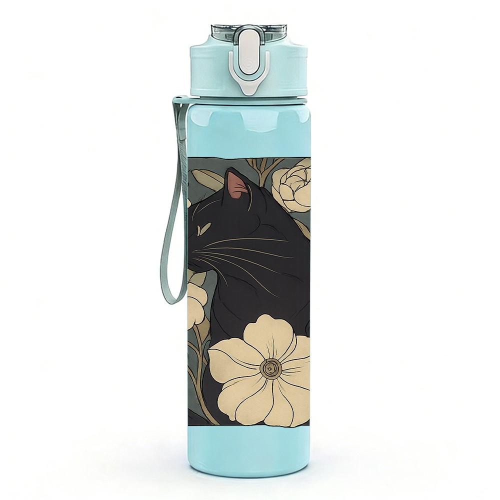 1PC Vintage Black Cat Floral Tile 750ml Color Plastic Sports Water Bottle Leakproof Flip Straw Lid For Sports Office Home Use