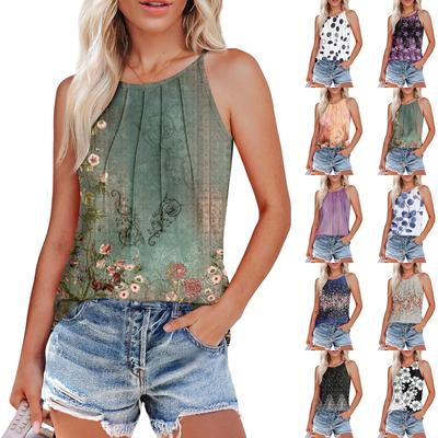 Женские летние майки-топы с плиссировкой и принтом O-образного выреза, повседневные майки-топы для женщин, свободные рубашки без рукавов