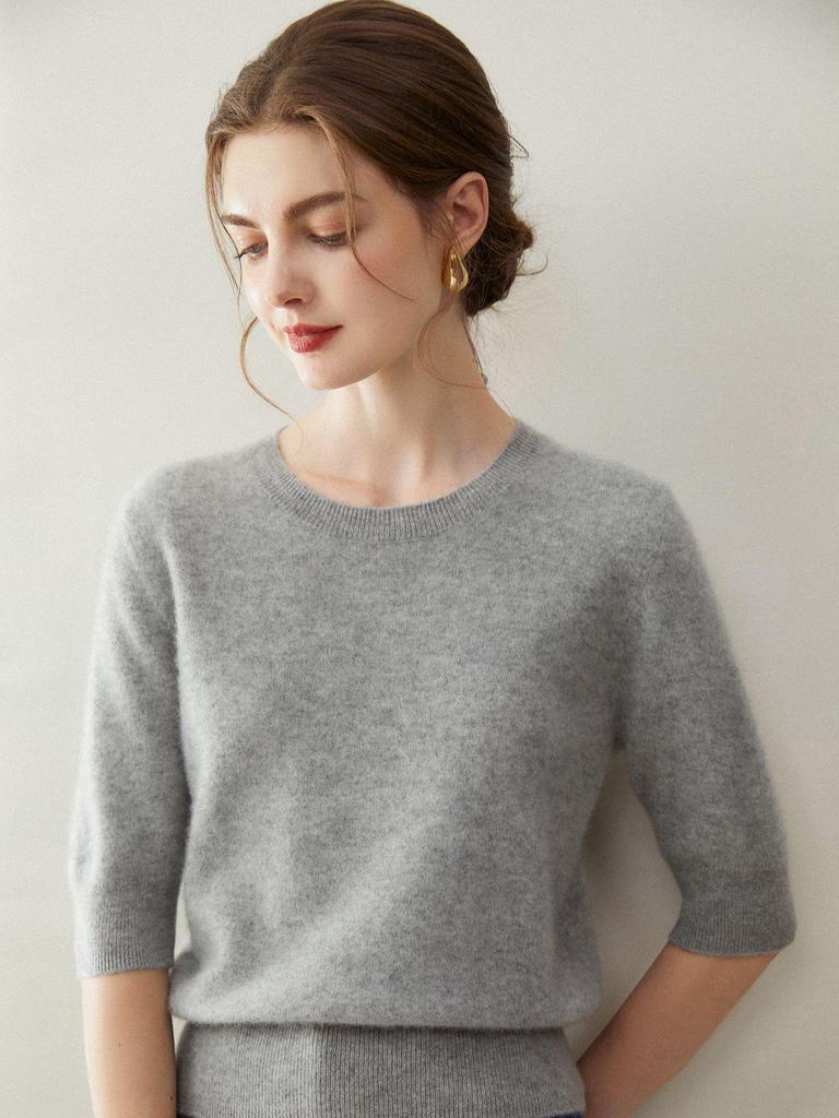 2026 Autumn/Winter Women's Pure Cashmere Short Sleeve Round Neck Loose Knit Sweater