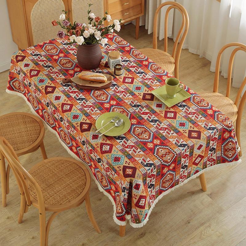 Bohemian Style Thick Cotton Linen Rectangular Tablecloth With Fringe