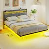 Floating Bed Frame, Upholstered 5ft King Size Bed, Platform Bed with RGB LED Lights and Charging Station, Grey