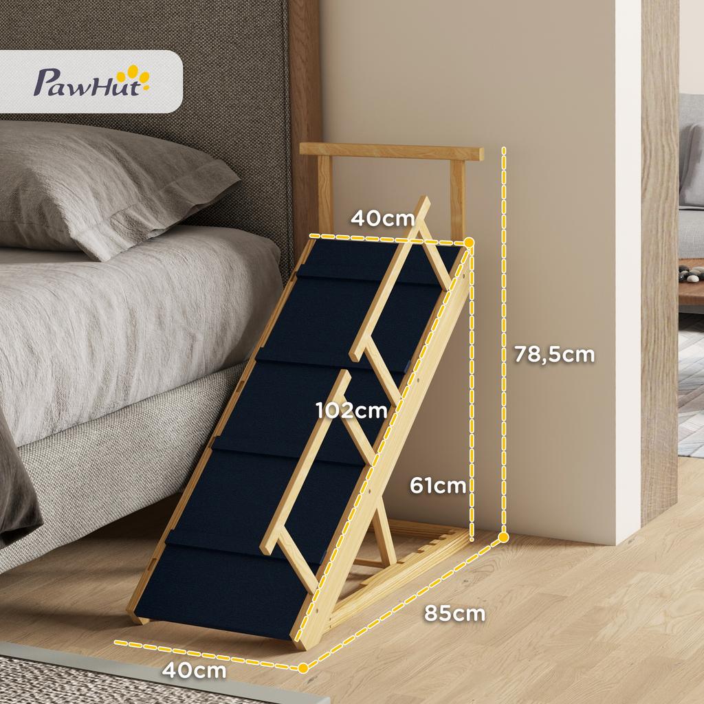 Dog Ramp, Height-Adjustable, Foldable, Railing, for Dogs up to 40kg, Wood Frame, 85 x 40 x 61 cm, Black