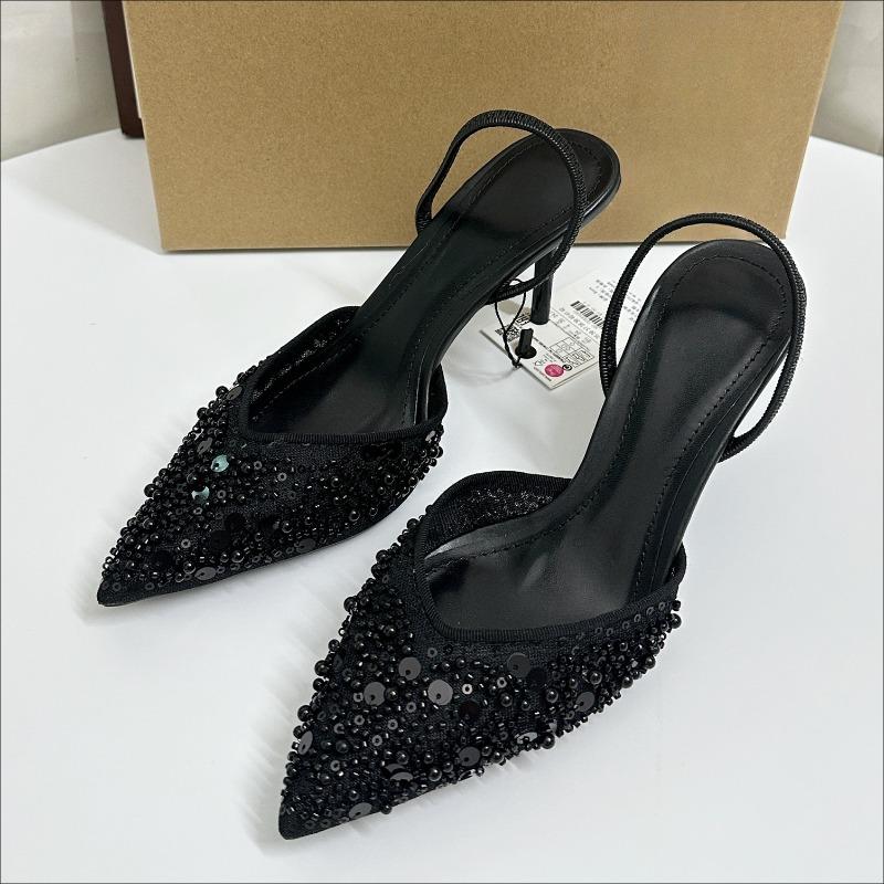 Мода Элегантная Вечеринка Туфли на Высоком Каблуке Женская Обувь Блестящие Пайетки Бисер Сетка Дизайн Бренда 2025 Лето Шпилька Офисная Леди Роскошные Сандалии