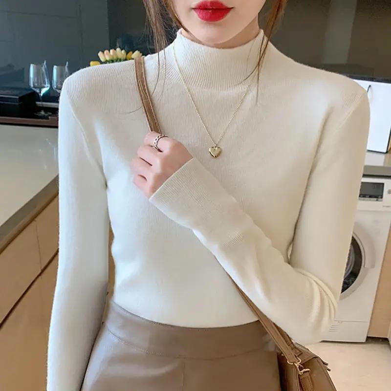 Осень-зима свитер с высоким воротником, женский эластичный топ, женские трикотажные пуловеры, длинный рукав, вязаный свитер