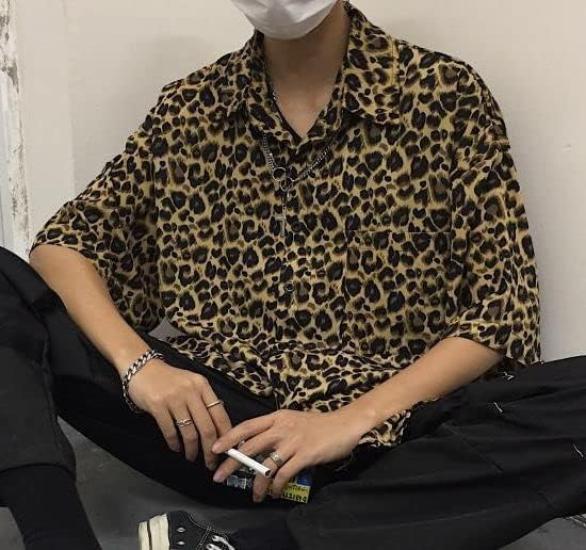 Aspersio Leopard Print Collared Short Sleeve Stylish American Casual Style with Chest Aloha Open Front Animal Casual Open Print Shirt, Men's