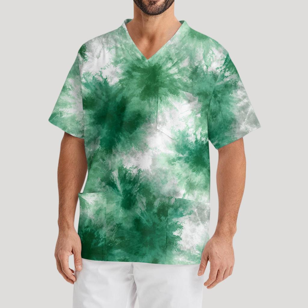 Мужская рабочая блузка с короткими рукавами и v-образным вырезом с принтом, топ с нагрудным карманом