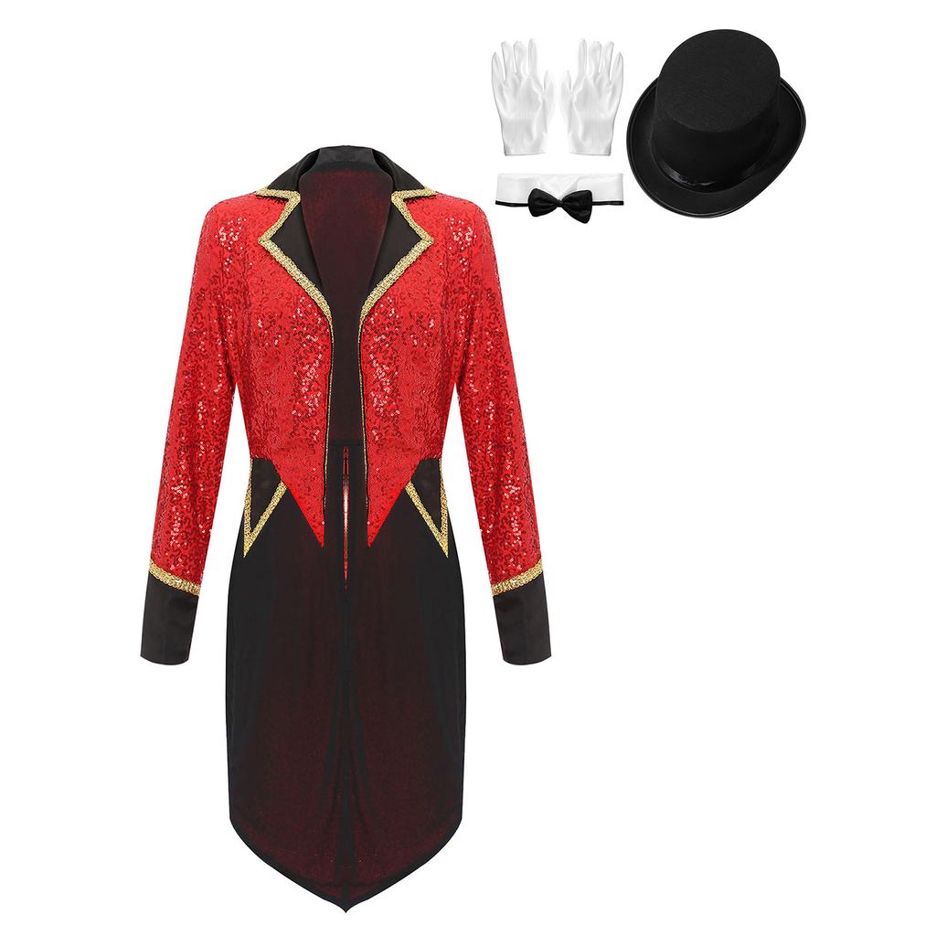 Womens Circus Magician Costume Sequin Tailcoat Long Sleeve Notch Lapel Open Front Design Hat Gloves Bowtie Set