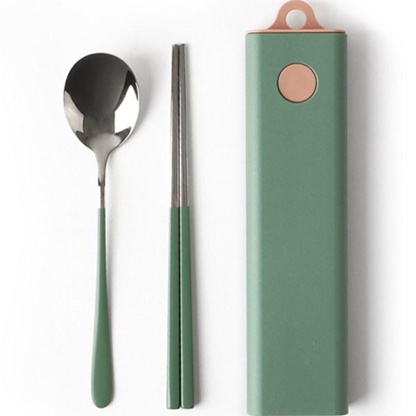 Coco Story Button-type Portable Cutlery Set, Green, 1 Set, Spoon + Chopsticks + Case