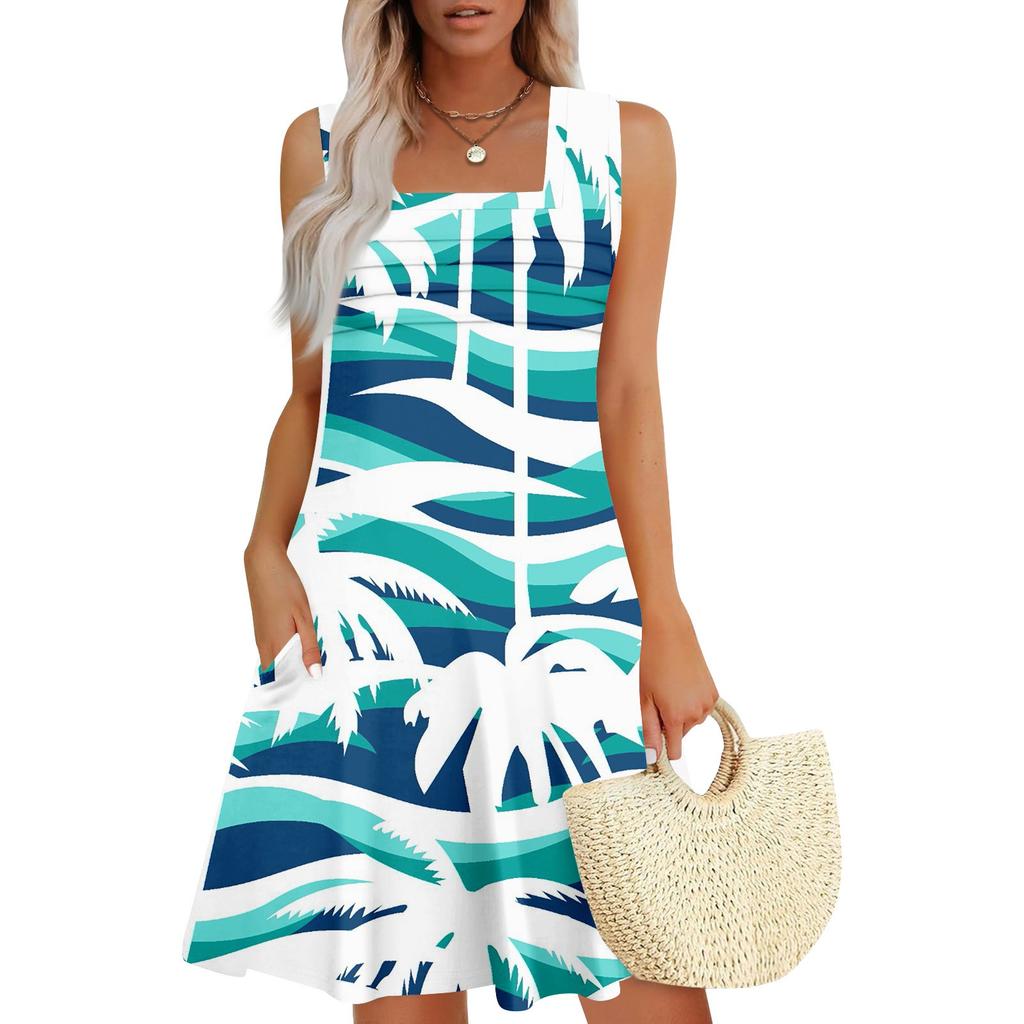 Women's Summer Casual Petal Slim Stripe Pleated Solid Color Dresses