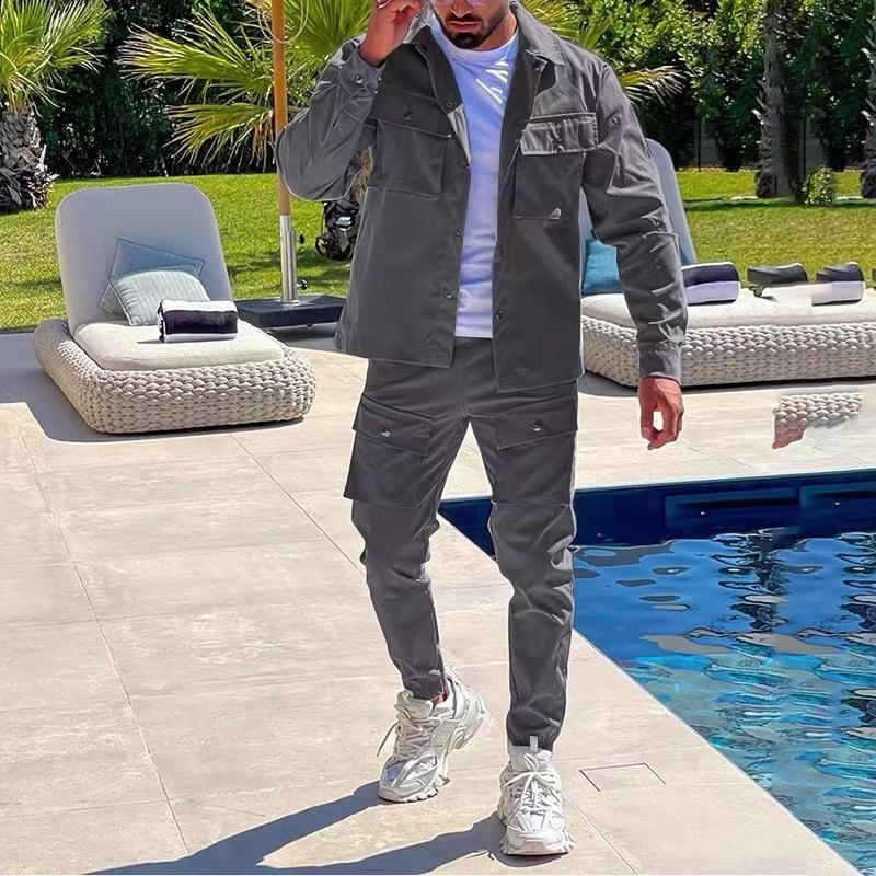 QICED Men's Fashion Casual Long Sleeve POLO Neck Pants Suits