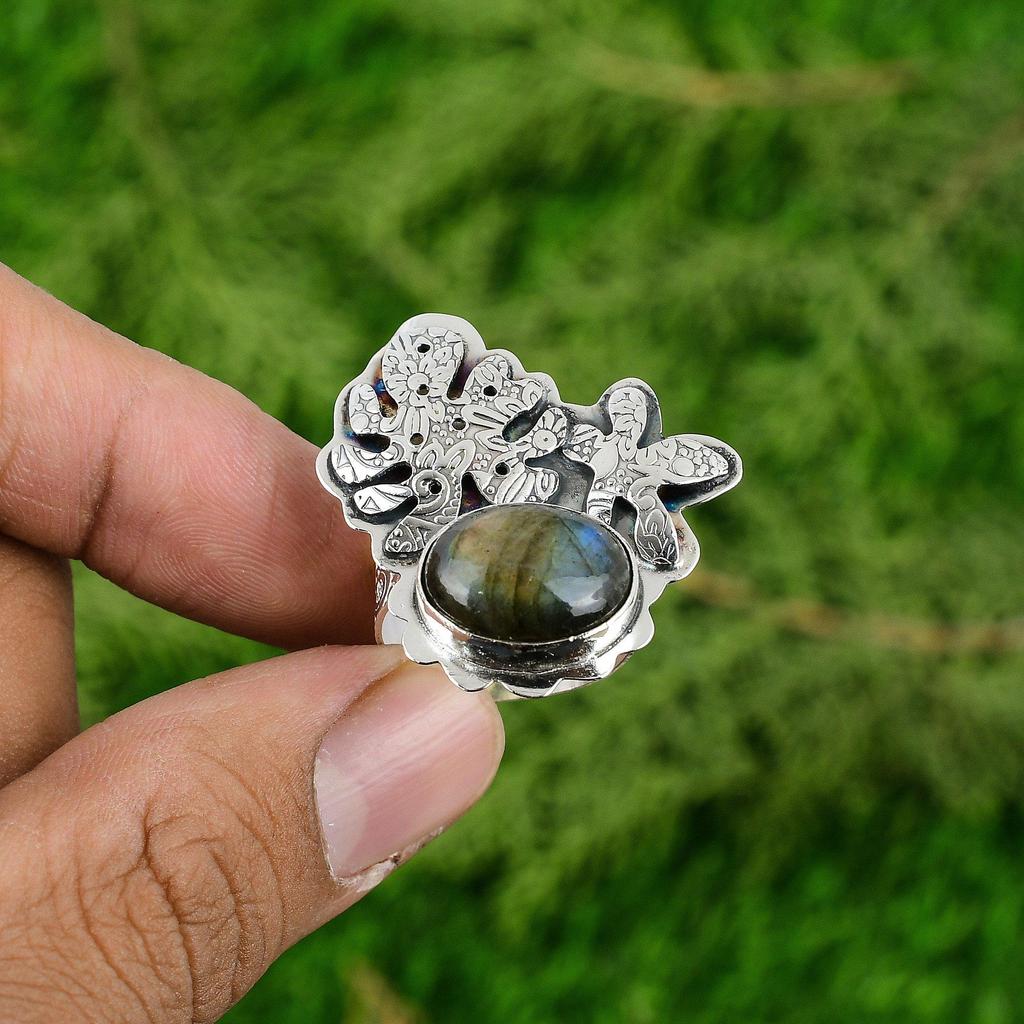 Natural Labradorite Gemstone 925 Silver Multi Stone Adjustable Ring For Girls