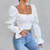 Spring and Summer Women's Pure White Long Sleeve Front Tie Backless Sexy Waist Shirt