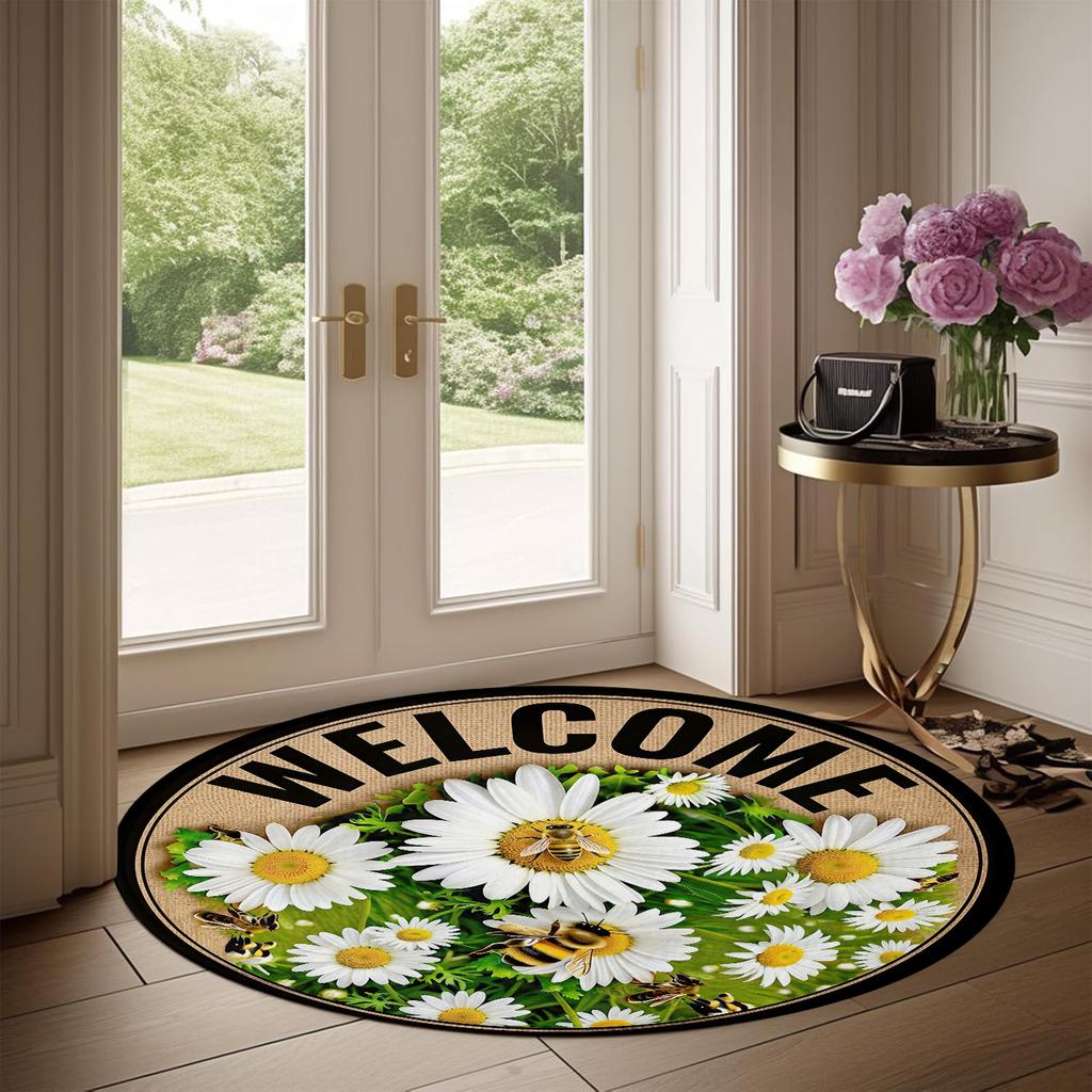 Daisy  Bee Welcome Round Floor Mat, Fresh Floral Design with “WELCOME” Text for Entryway or Front Door Decor