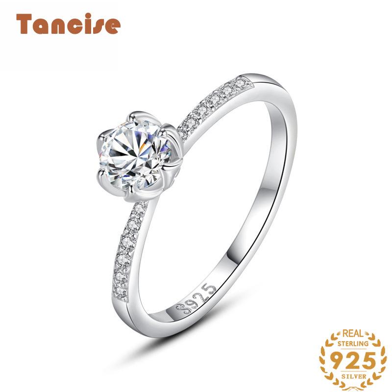Tancise Classic 925 Sterling Silver Zircon Ring Ladies Jewelry Wedding Promise Party Gift