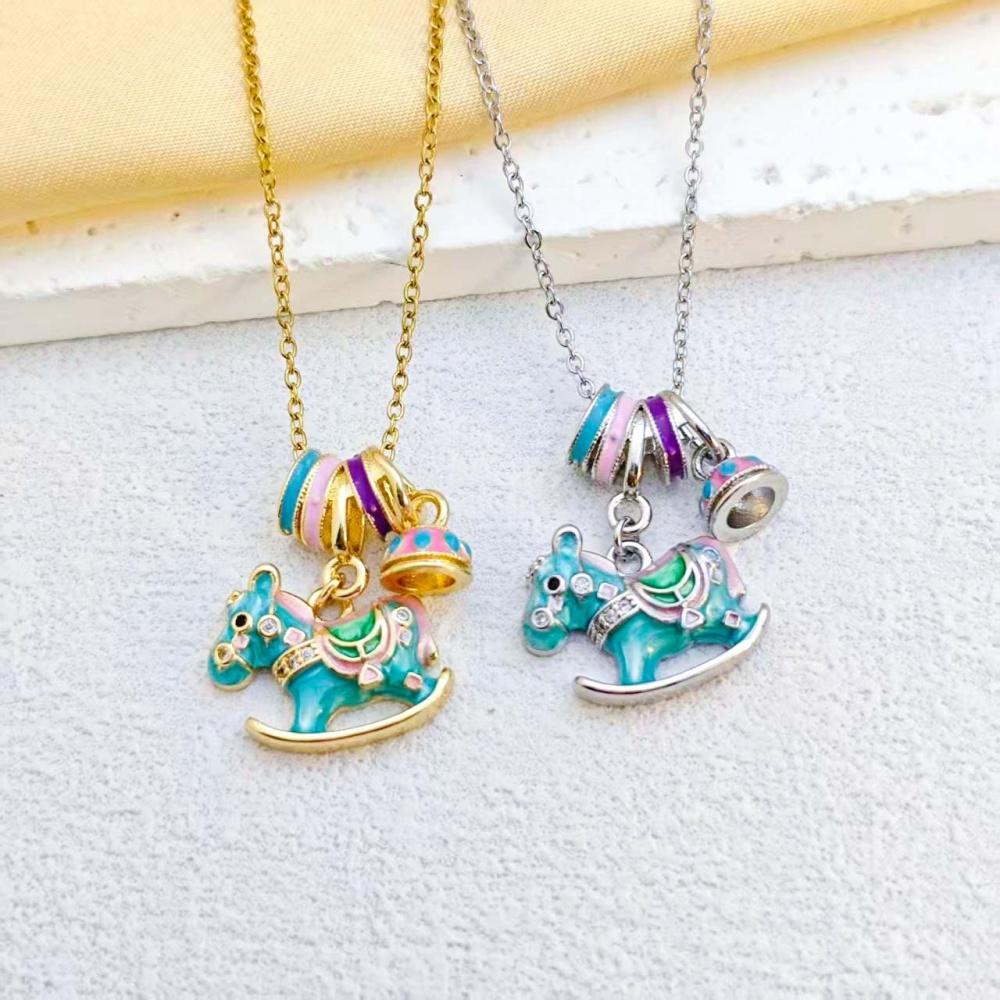 Cute Animal Female Rainbow Enamel Round House Pendant Necklace Vintage Gold Silver Color Wedding Jewelry For Women