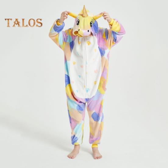 Flannel Lounge Jumpsuit with Exclusive Animal Hat Bright Colored Pajamas Long Sleeve Starry Pattern Cartoon Style Lounge Kids Daily Wear