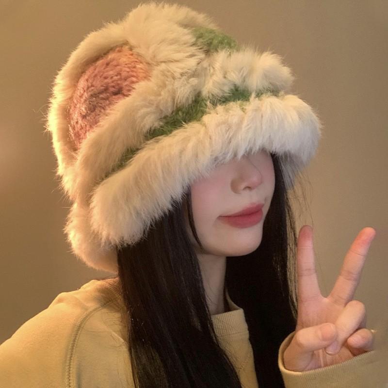 Fashion Rabbit Fur Patchwork Knit Bucket Hat Women Warm Fall Winter Large Head Size Face Slimming