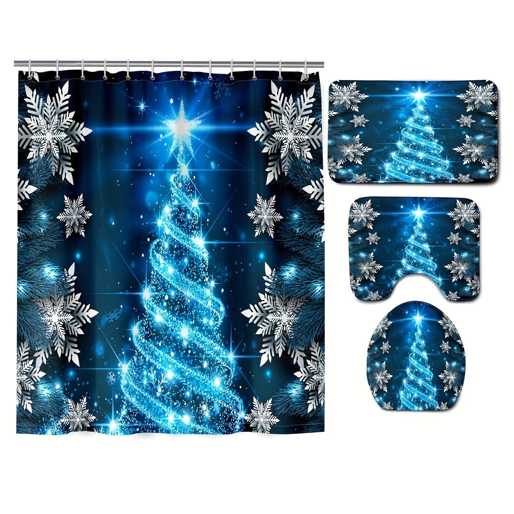 4Pcs Bathroom Shower Curtain Set Christmas Crystal Snowflake Pattern Bathroom Curtain With 12 Hooks Non Slip Rugs Toilet Cover Mat Bathroom Partition