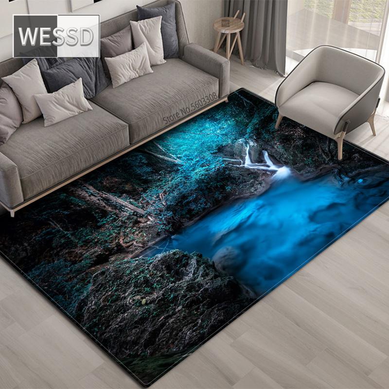 3D ковер с природными пейзажами для гостиной, зеленый лес, водопад, пейзажный ковер, противоскользящий ковер для спальни, большой в ванной комнате