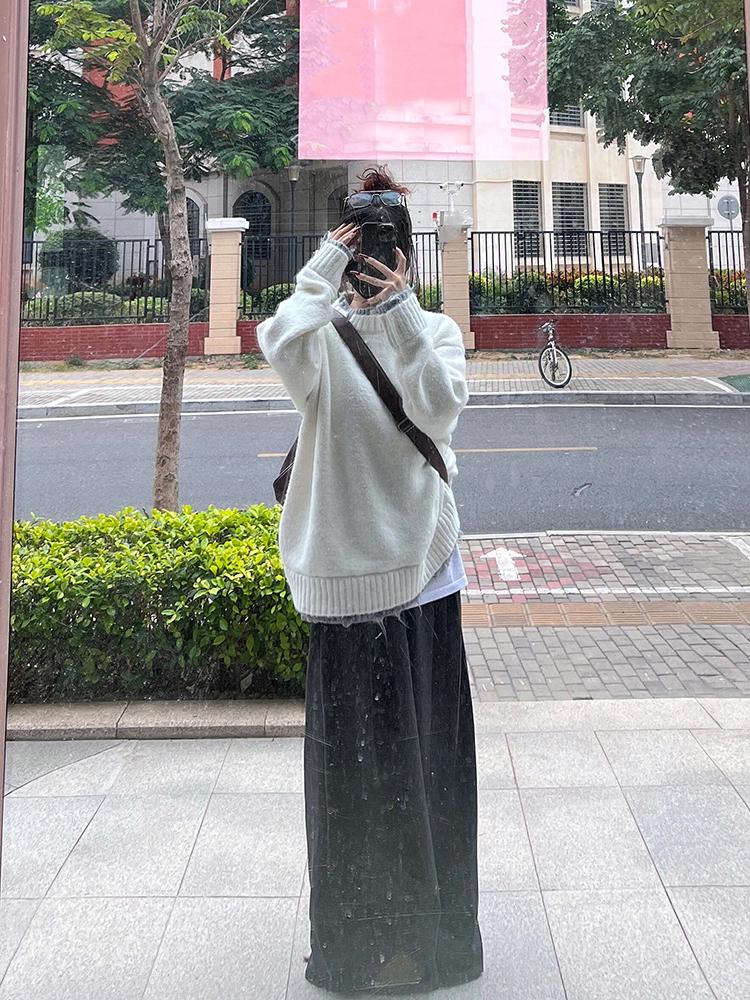 Женский зимний состаренный пуловер оверсайз два в одном с круглым вырезом и длинными рукавами