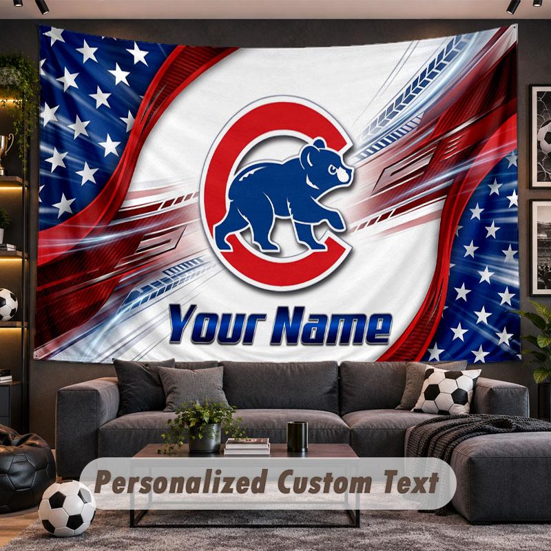 Wall Hanging Tapestry Custom NameChicago Cubs Pattern Personalized Printed Fabric Wall Decor