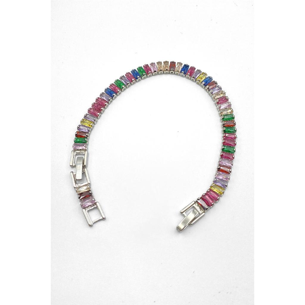 Women's Silver Zircon Baguette Waterway Necklace Earring Bracelet Jewelery Set Suit