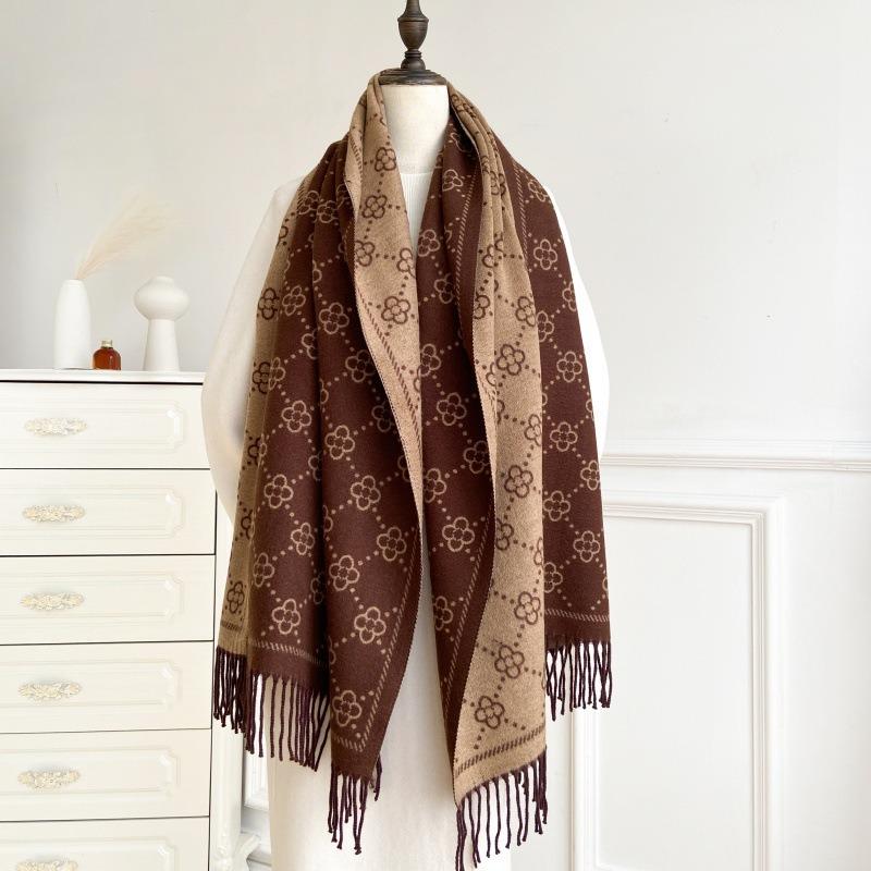 Brown Imitation Cashmere Long Fringed Thermal Scarf Women's Core-spun Yarn Air Conditioner Shawl Scarf Premium Versatile Scarf