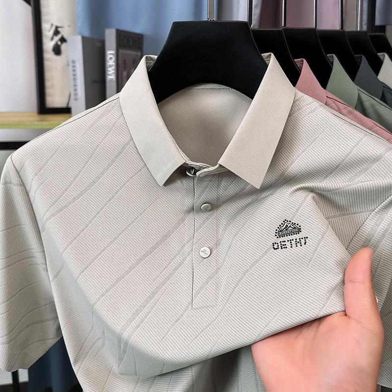 Мужская футболка-пуловер с лацканами из шелка Ice Silk с короткими рукавами, модная рубашка-поло, повседневный топ для отца
