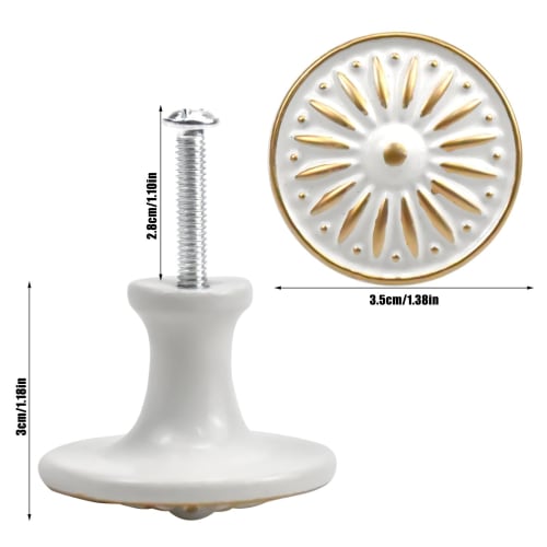 Set of 10 Antique White Drawer Knobs, Round Door Handles with Screws, Retro Floral Pattern, Approx. 35mm Diameter, for Kitchen, Room, Interior Doors,