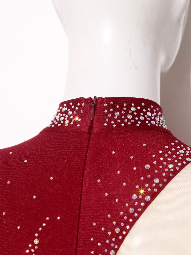Women‘s Sparkly Rhinestone Leotard Dress Sheer Mesh Long Sleeve Mock Neck Color Blocking Asymmetrical Hem for Figure Skating Latin Performance