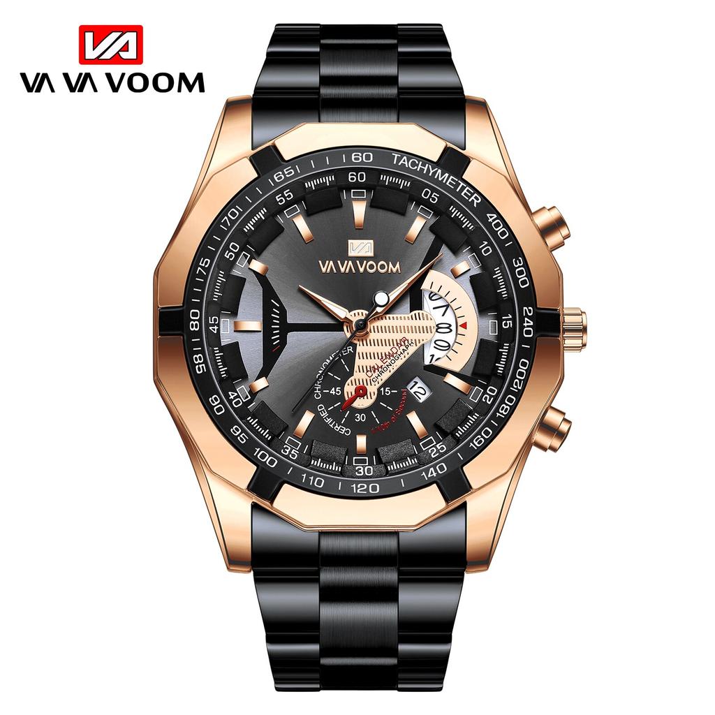 VA VA VOOM New Men's Sports Watches Fashion Stainless Steel Luxury Luminous Waterproof Calendar Quartz Men's Watches