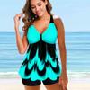 Women's Neck Strap Swimsuit with Wave Pattern Printed Bikini Short Tank Top Swimsuit