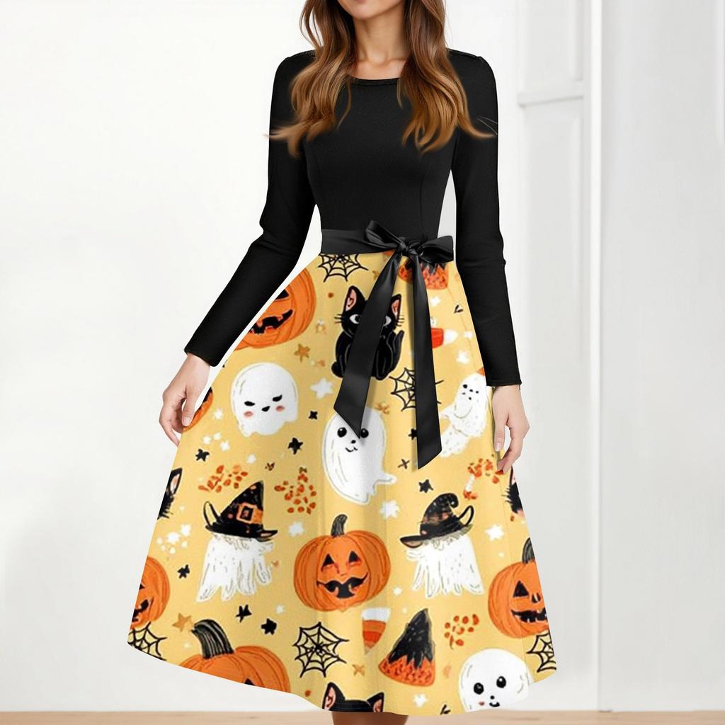 Women's Casual Fashion Halloween Printed Round Neck Vintage Dress