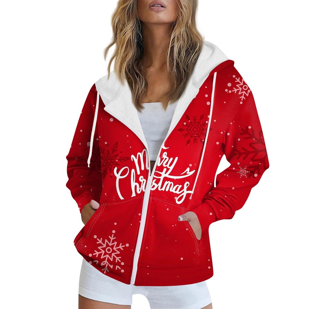 Women's Christmas Printed Sweatshirt Autumn Winter Long Sleeve Cardigan Jacket With Pockets Zipper Hoodie Outerwear
