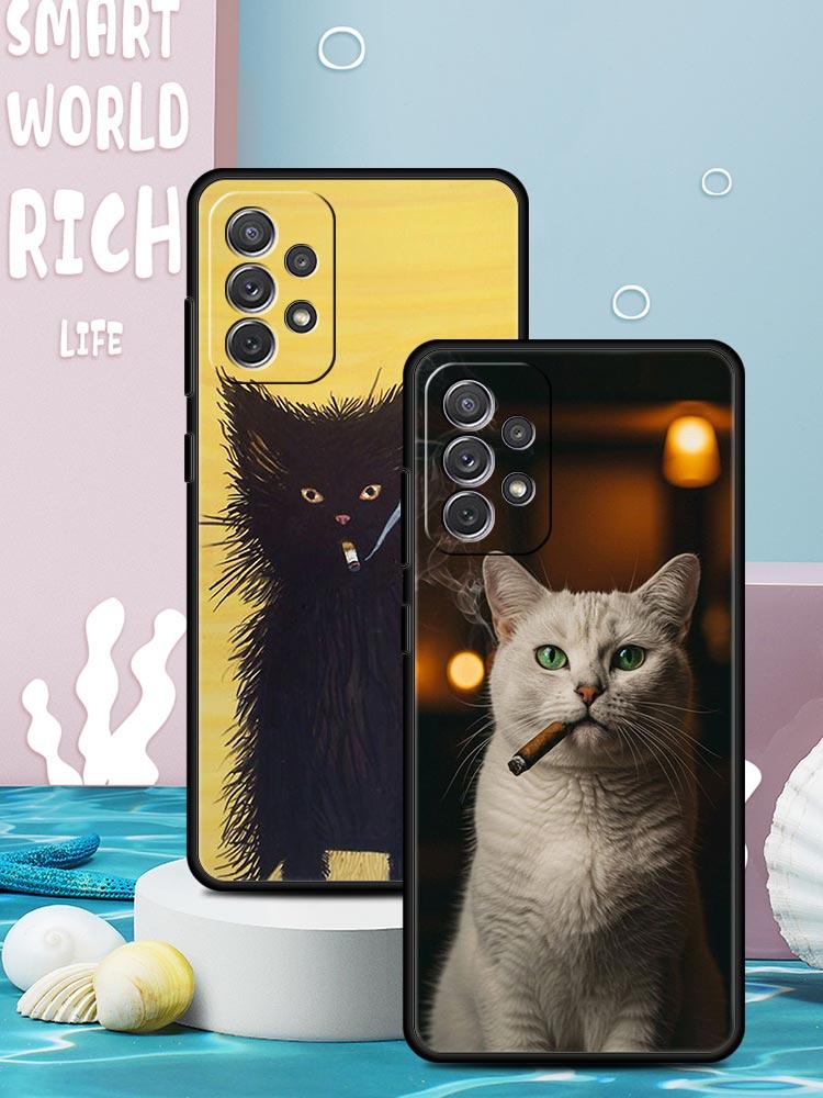 Модный Чехол для Телефона с Рисунком Котенка с Сигаретой для Samsung Galaxy A55 A35 A17 A07 A15 A13 A25 A51 A72 A73 A32 A52 A52S A41 Мягкий ТПУ