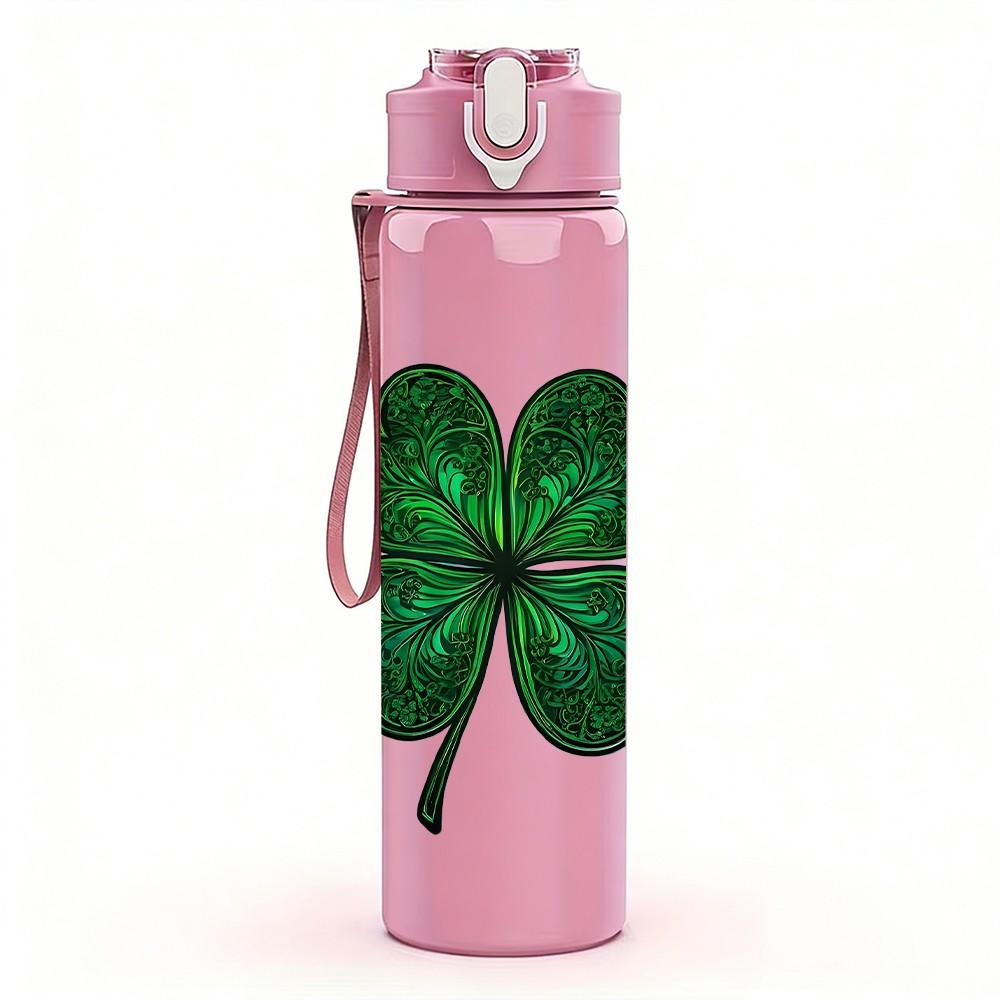1PC Green Four Leaf Clover Luck Print 750ml Color Plastic Sports Water Bottle Leakproof Flip Straw Lid Suitable for Sports Office Home Use